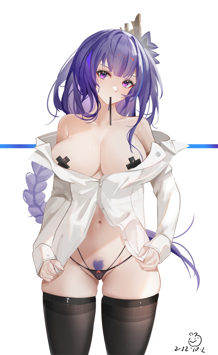 areola artist_revision breasts cameltoe dress_shirt genshin_impact no_bra open_shirt pantsu pasties pubic_hair raiden_shogun sabou_san-shitsu_kokoro thighhighs thong