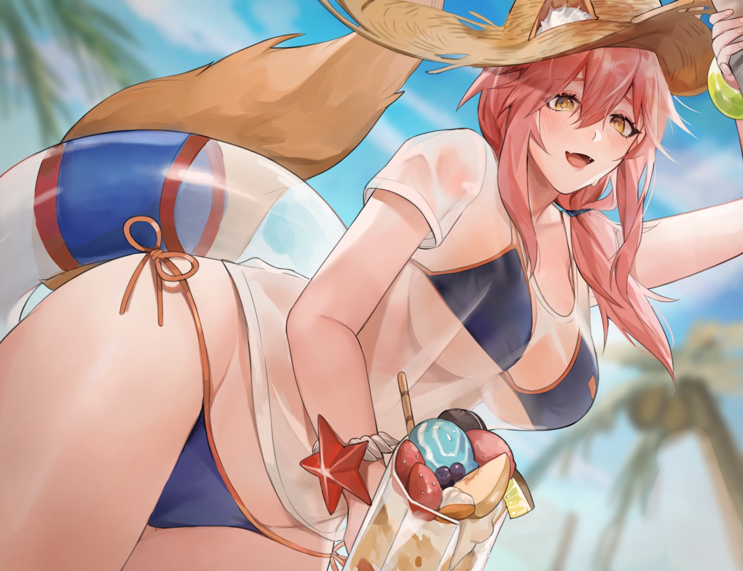 animal_ears bikini cameltoe fate/grand_order kitsune muunai see_through swimsuits tail tamamo_no_mae