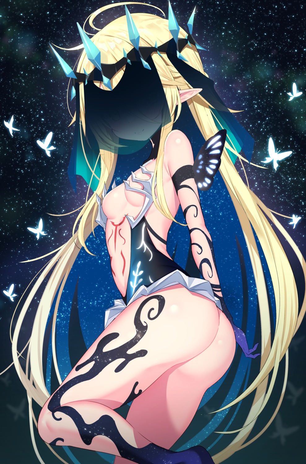 ass ichi-jirushi no_bra nopan pointy_ears skirt_lift tattoo wings