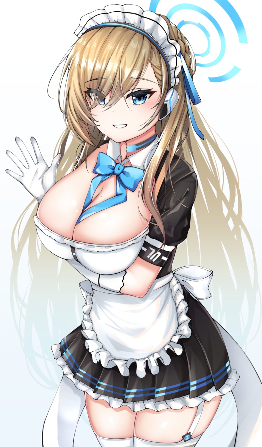 blue_archive breast_hold cleavage halo ichinose_asuna maid nahanmin no_bra stockings thighhighs