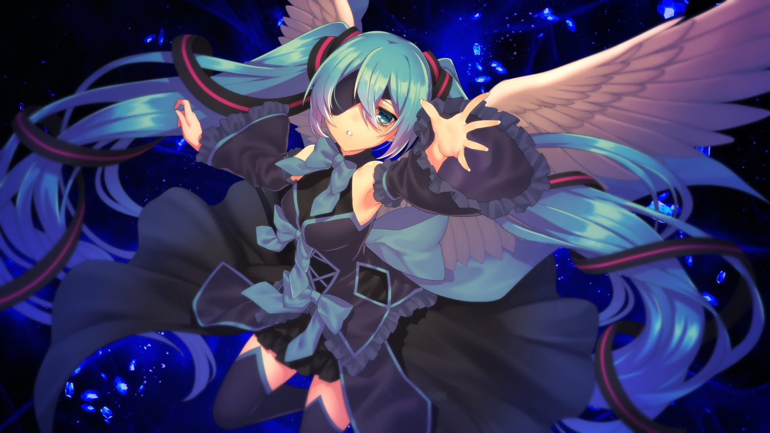 dress eyepatch hatsune_miku matsuda_toki thighhighs vocaloid wallpaper wings