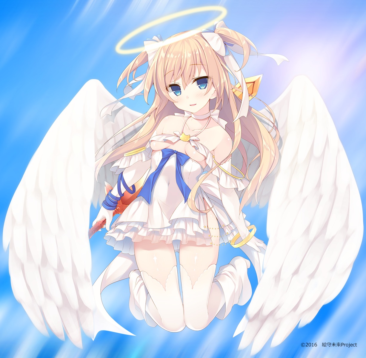 dress emori_el emori_miku_project heels miko_92 no_bra see_through sword thighhighs underboob wings