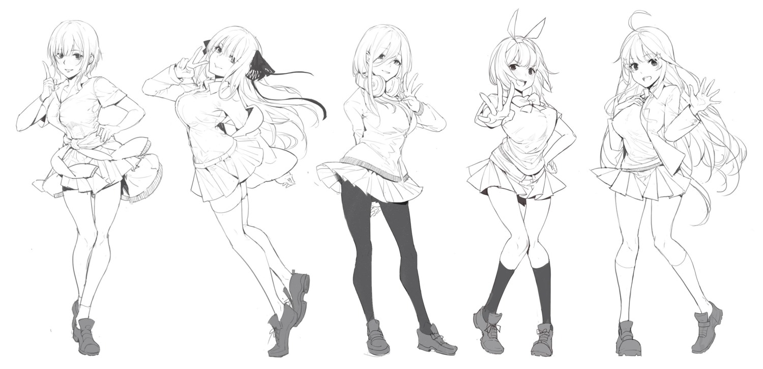 5-toubun_no_hanayome breast_hold headphones heels kuroduki_(pieat) monochrome nakano_ichika nakano_itsuki nakano_miku nakano_nino nakano_yotsuba pantyhose seifuku sketch skirt_lift sweater thighhighs