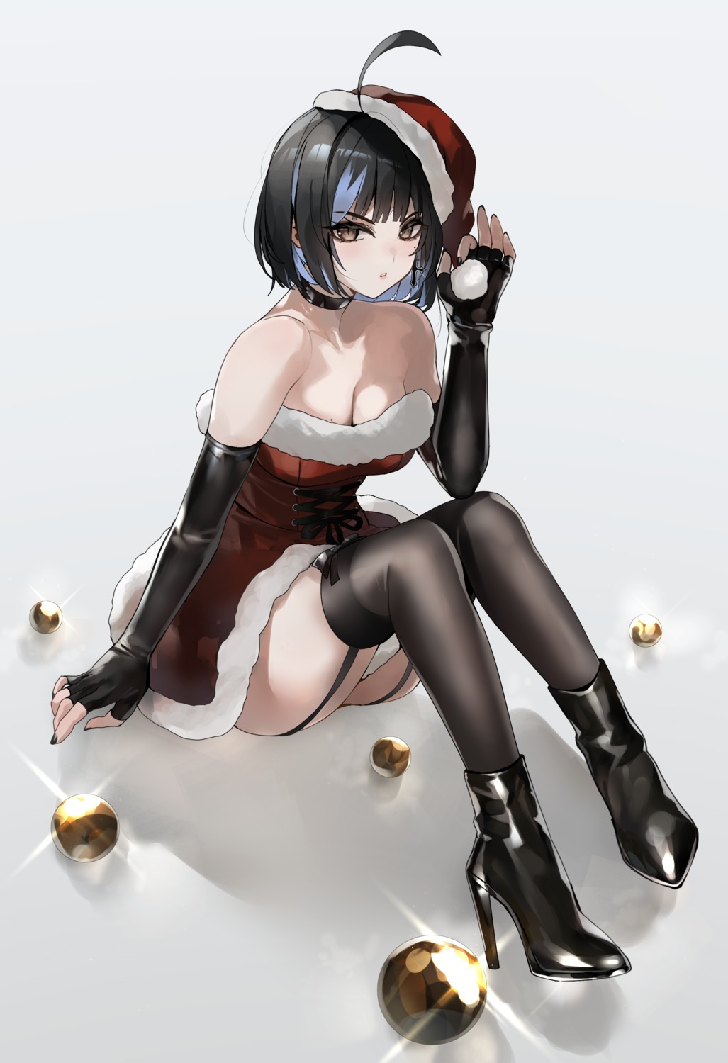 christmas dress heels irene_(kanniiepan) kanniiepan no_bra skirt_lift stockings thighhighs