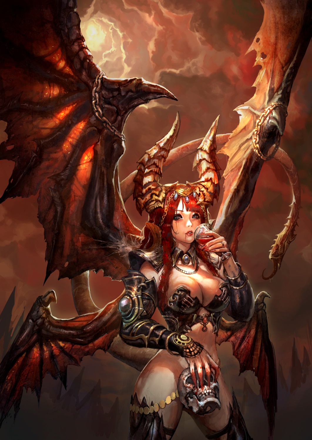 armor blood bottomless cleavage horns shaonav tail thighhighs wings