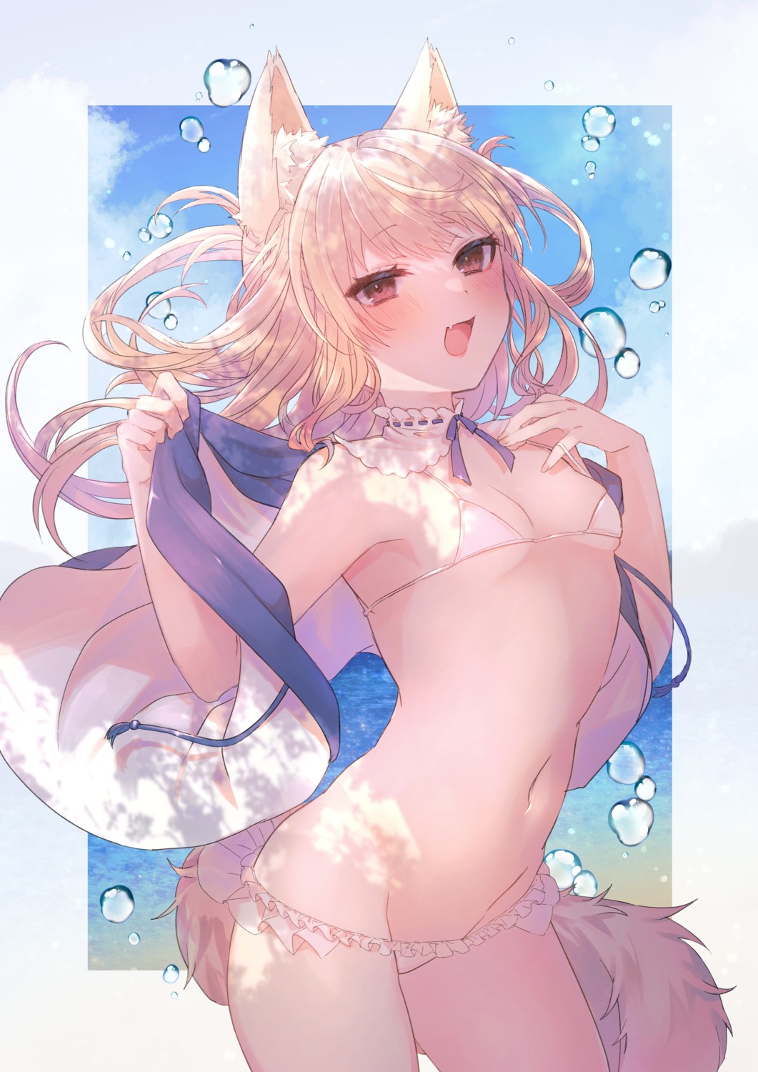 animal_ears bikini open_shirt shikino_yuki swimsuits tail undressing