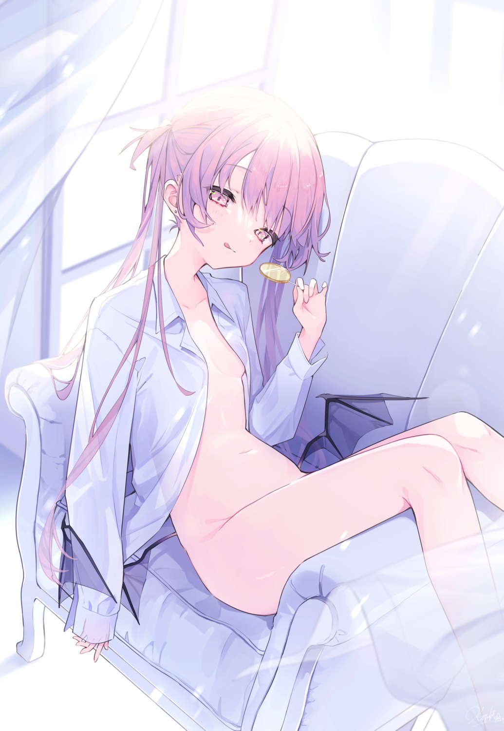 bottomless dress_shirt koyubita_beru no_bra open_shirt see_through wings