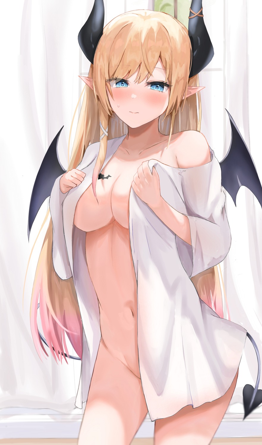 bottomless hololive horns onemuikun-b open_shirt pointy_ears see_through tail undressing wings yuzuki_choco