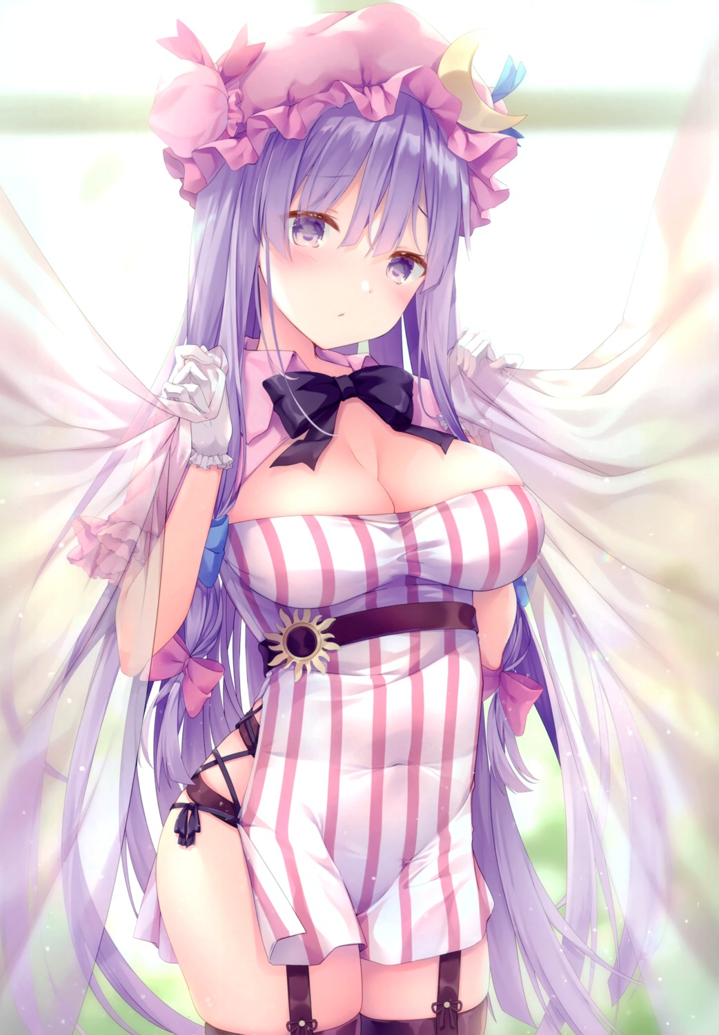 cleavage dress garter garter_belt kinokomushi pantsu patchouli_knowledge stockings string_panties thighhighs touhou