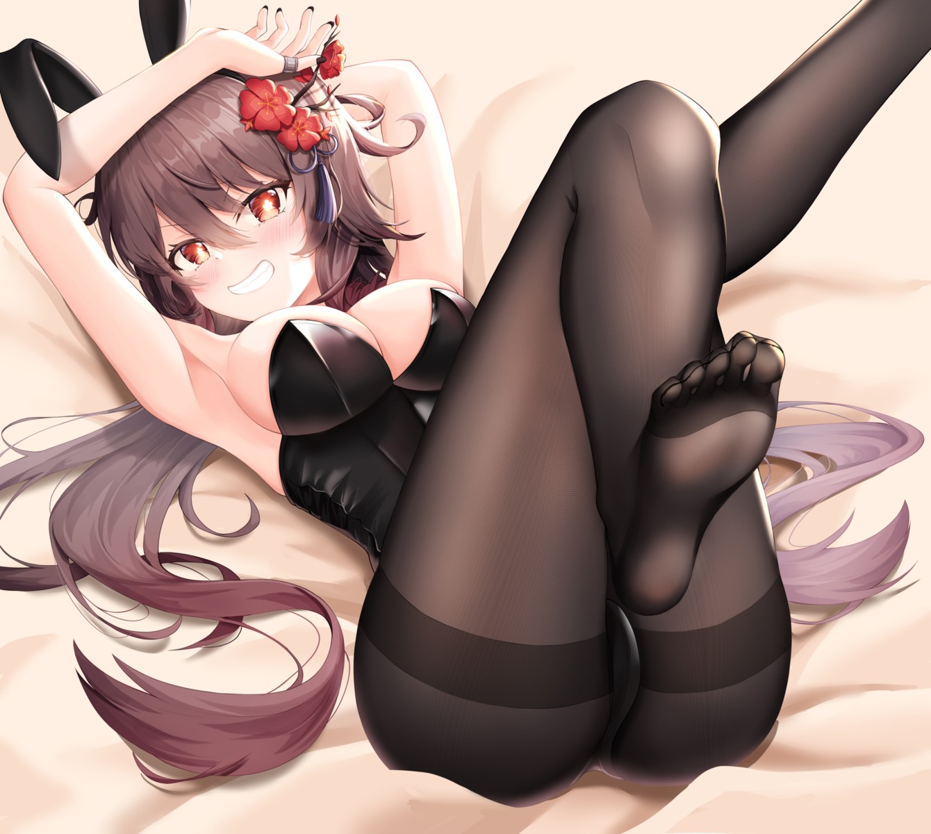 animal_ears bunny_ears bunny_girl feet genshin_impact hu_tao lancheu no_bra pantyhose