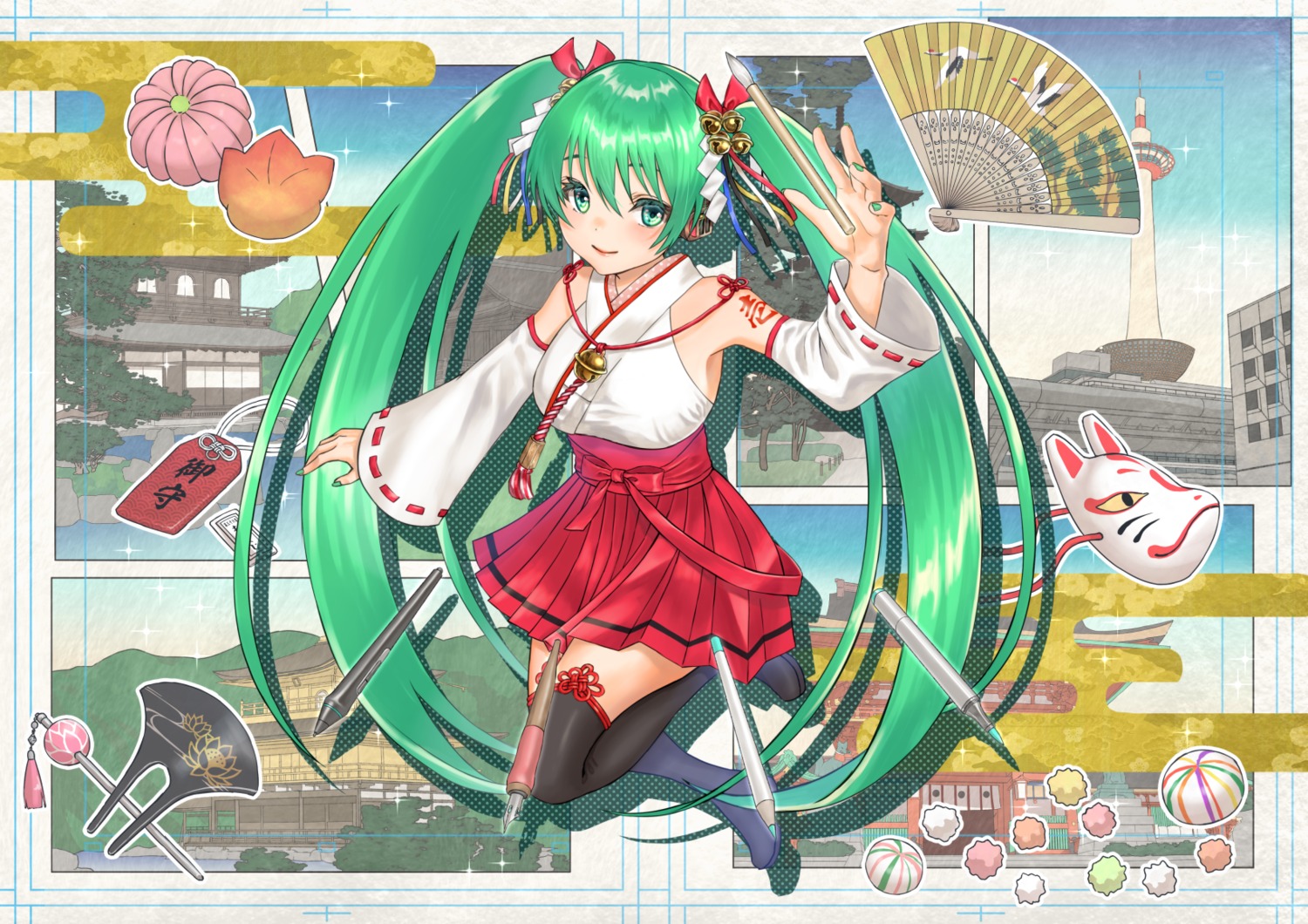 hatsune_miku headphones japanese_clothes kyoto_nippon_festival miko sanada_yuuki tattoo thighhighs vocaloid