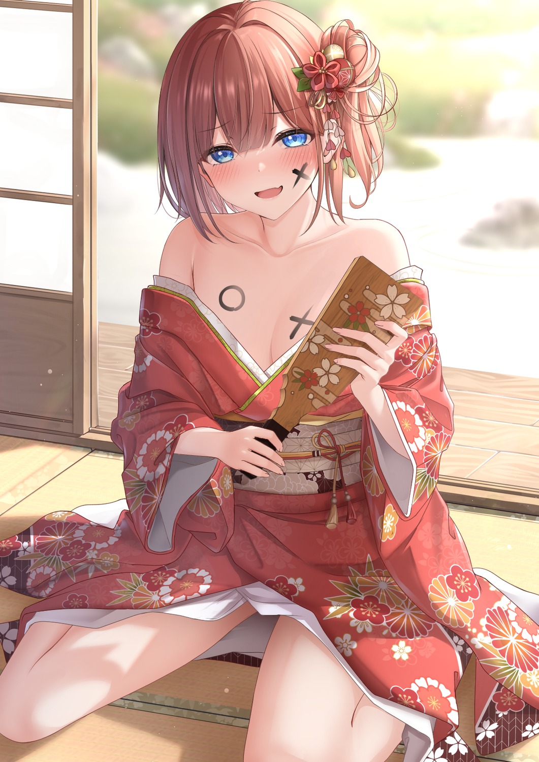cleavage kimono monaka_curl no_bra open_shirt skirt_lift