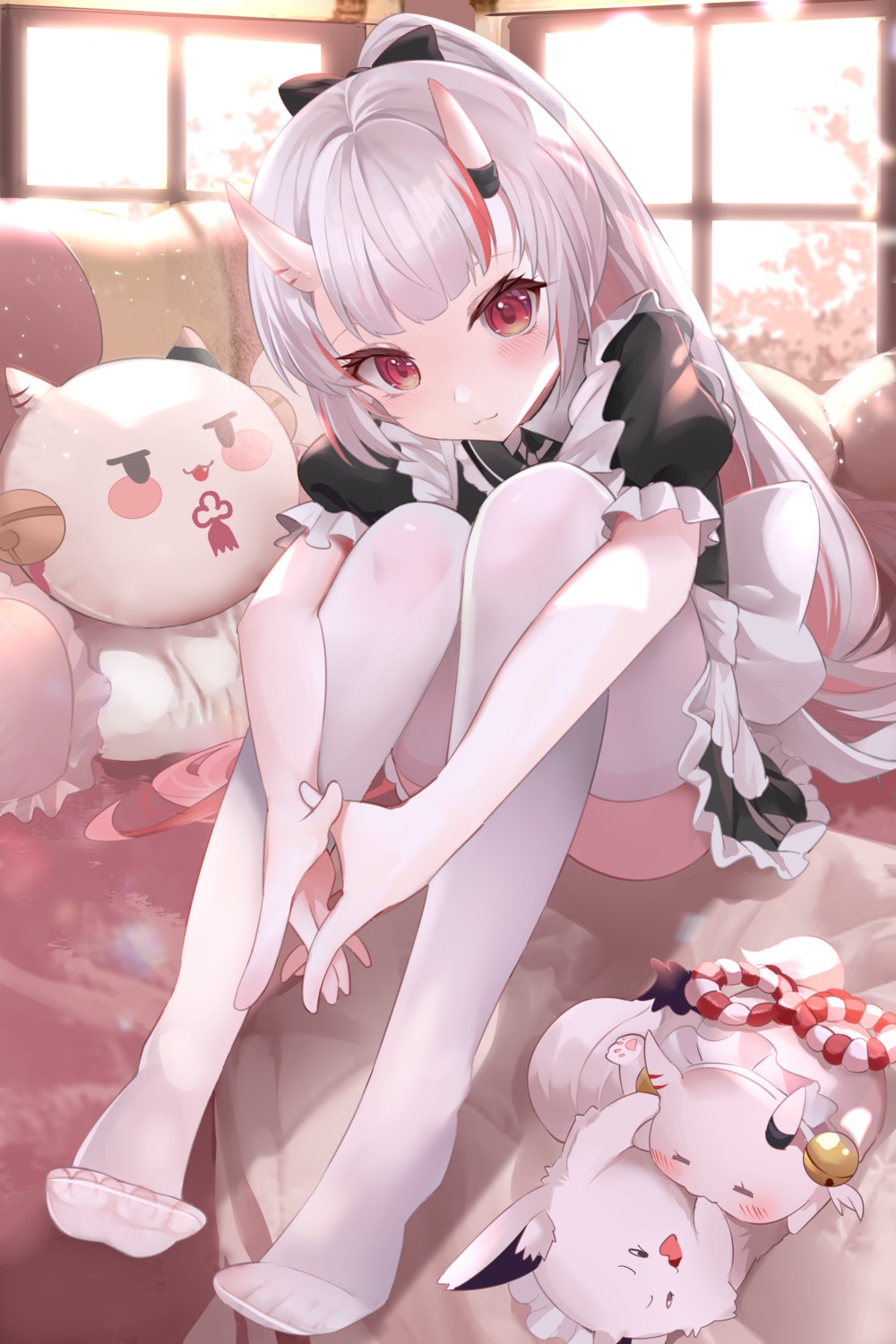 feet hololive horns kananote maid nakiri_ayame thighhighs