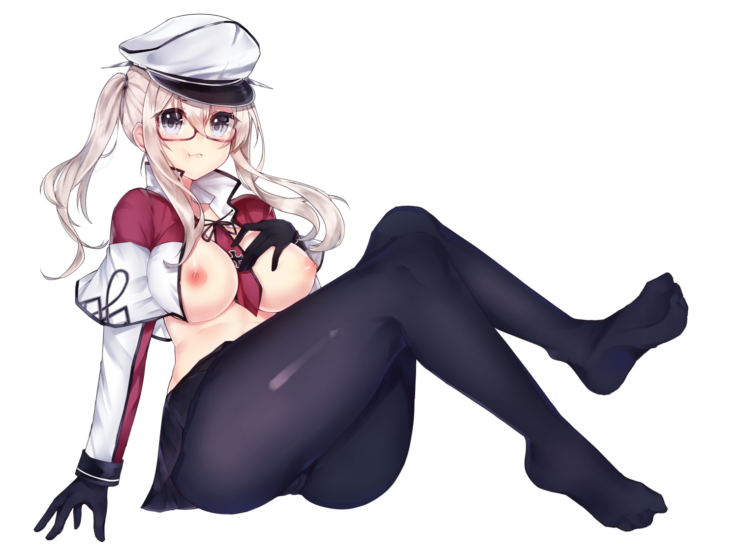 breast_hold breasts cameltoe graf_zeppelin_(kancolle) kantai_collection megane nipples no_bra open_shirt osiimi pantyhose