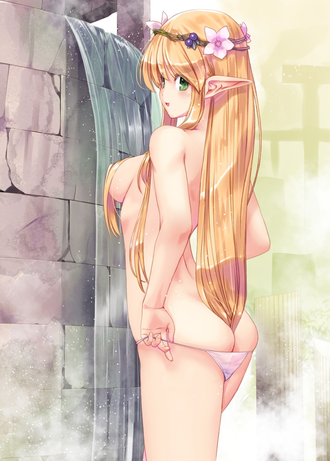 ass elf kirishima_satoshi pantsu panty_pull pointy_ears topless undressing