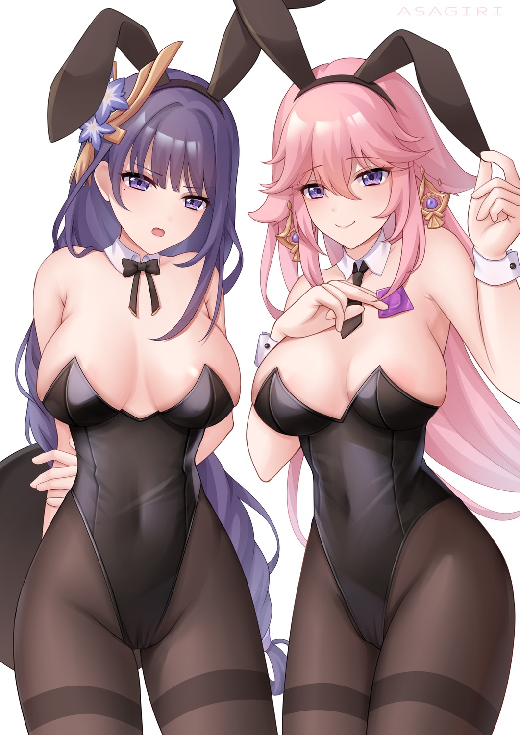 animal_ears asagiri_ai bunny_ears bunny_girl genshin_impact kitsune no_bra pantyhose raiden_shogun yae_miko