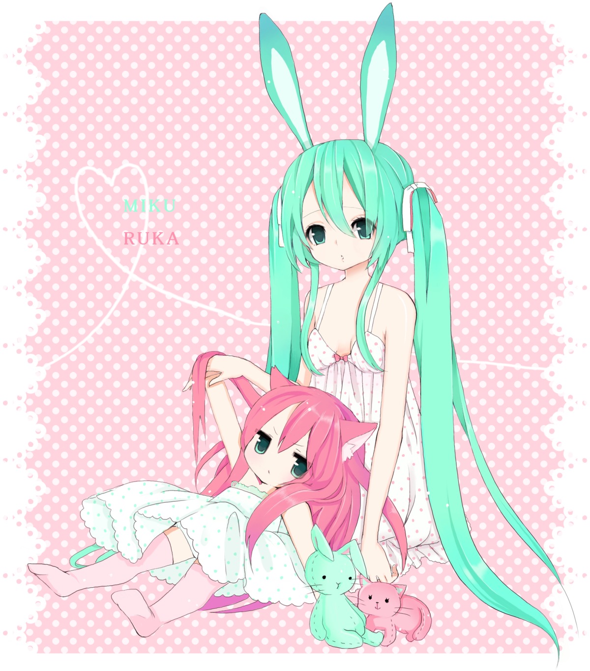 animal_ears bunny_ears dress hatsune_miku megurine_luka momoshiki_tsubaki nekomimi vocaloid