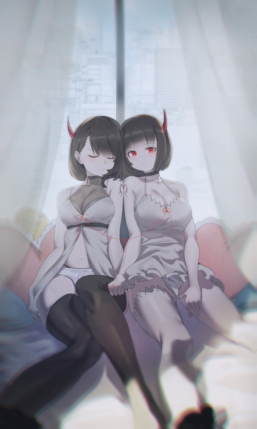 cleavage dress horns jin_rou tattoo thighhighs yuri