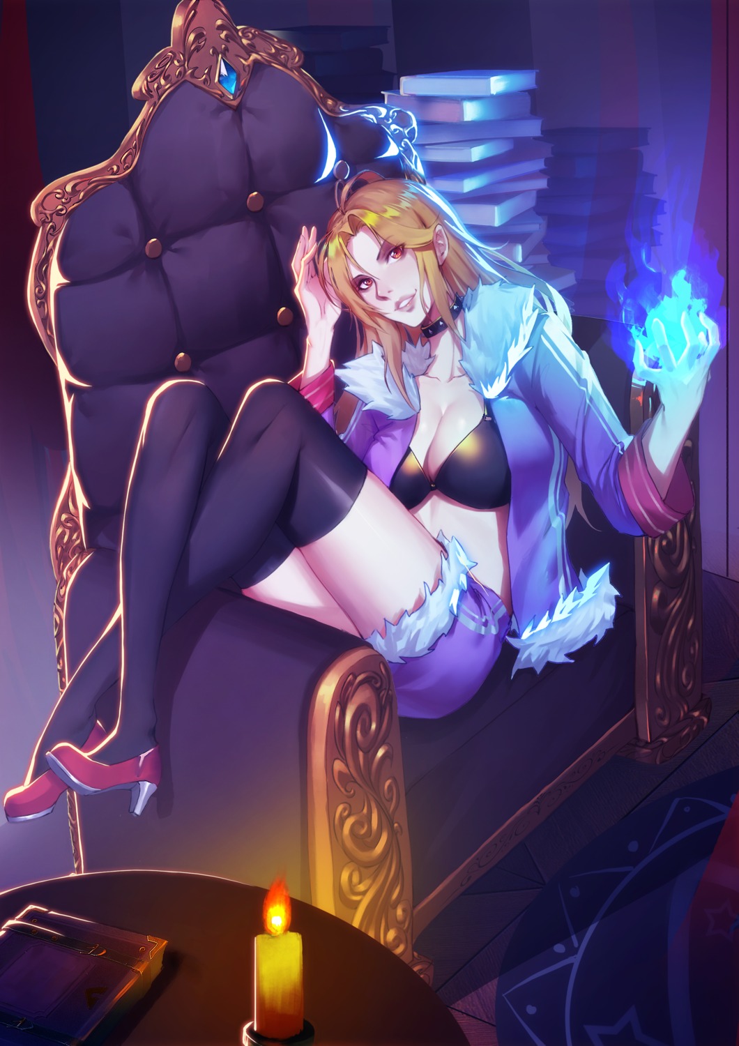 bra cleavage heels open_shirt thighhighs tu_piao