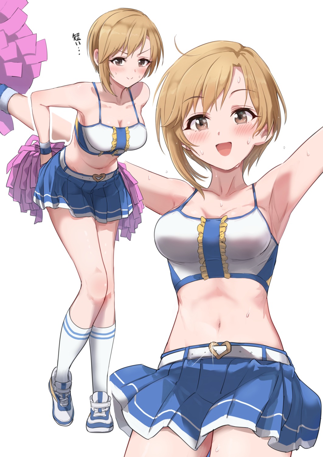 aiba_yumi cheerleader cleavage no_bra pizzasi skirt_lift the_idolm@ster the_idolm@ster_cinderella_girls