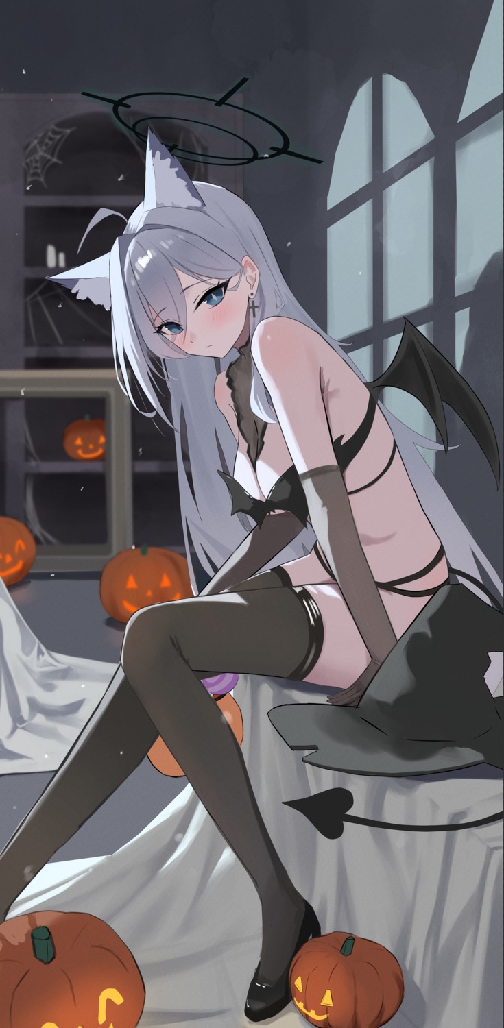 animal_ears bikini blue_archive devil halloween halo nekomimi neranainerune shiroko_terror sunaookami_shiroko swimsuits tail thighhighs wings