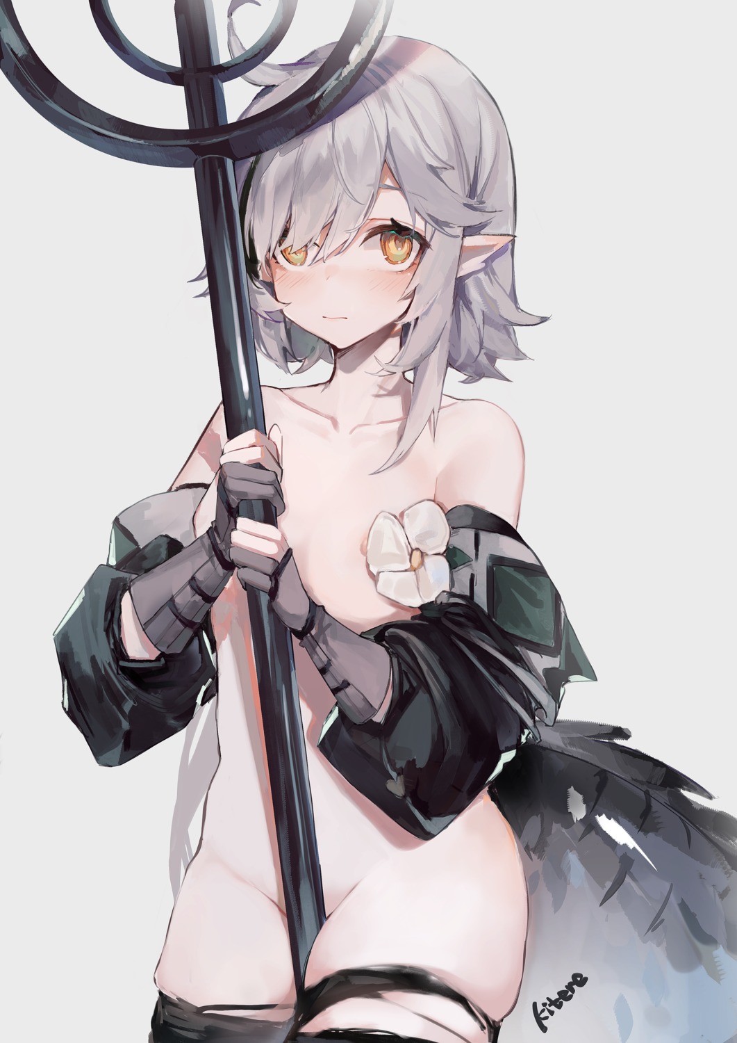 arknights bottomless kitere nipple_slip no_bra open_shirt pointy_ears thighhighs tomimi_(arknights) torn_clothes weapon