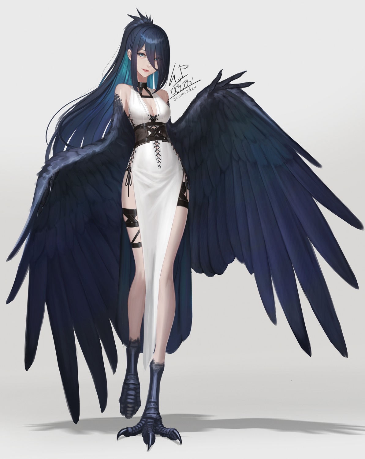cleavage dress garter ikasamahideo monster_girl no_bra wings
