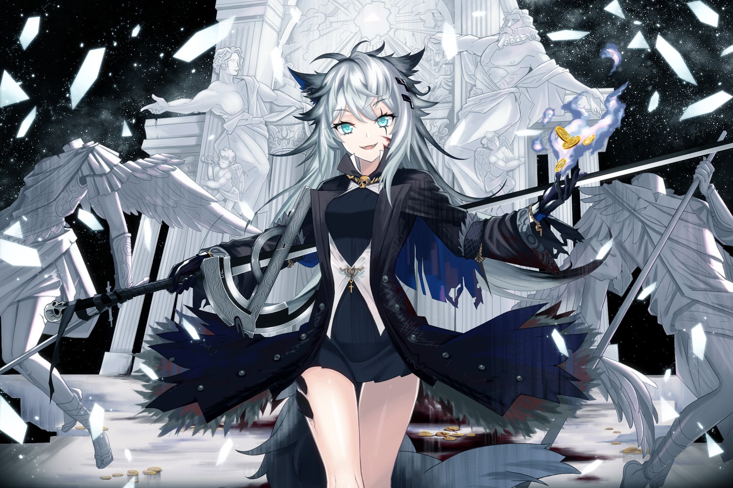 animal_ears arknights blood lappland_(arknights) sword tail uiu