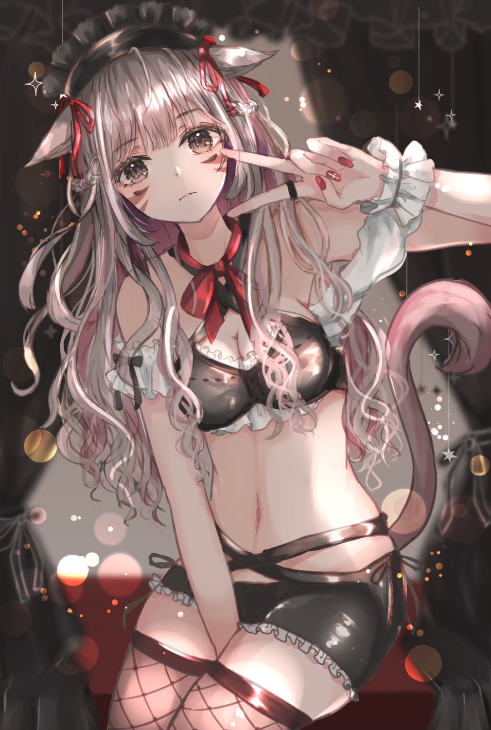 animal_ears bra cleavage final_fantasy final_fantasy_xiv fishnets maid miqo'te sakura_mochiko tail thighhighs