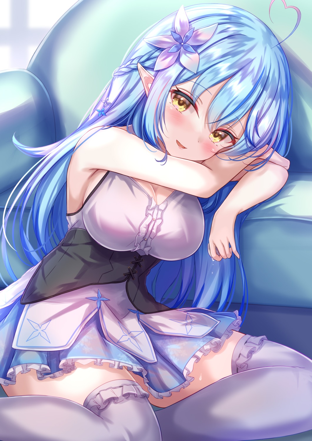 cleavage elf hololive no_bra pointy_ears thighhighs yuano yukihana_lamy