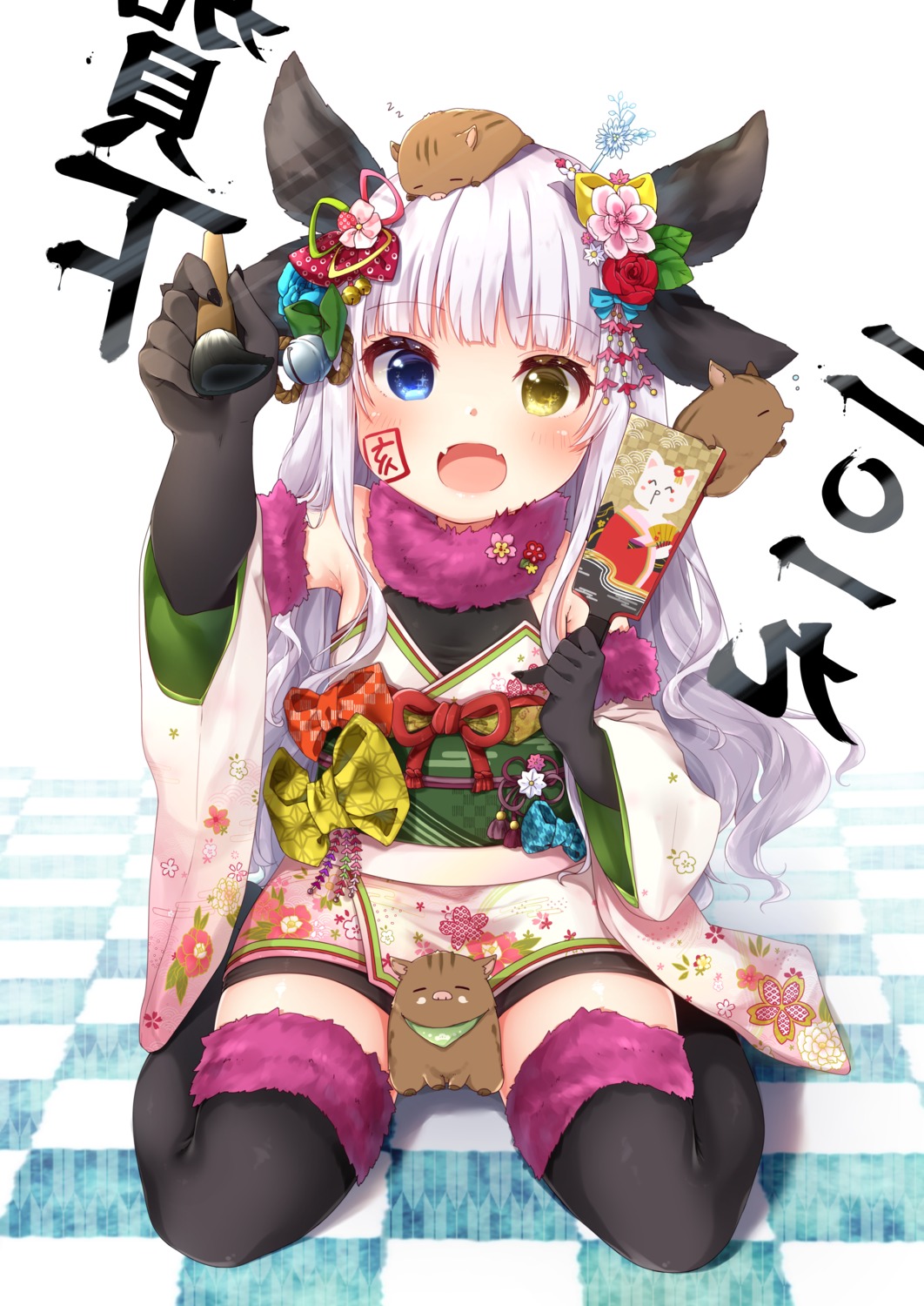 animal_ears heterochromia japanese_clothes nekonomimi tattoo thighhighs