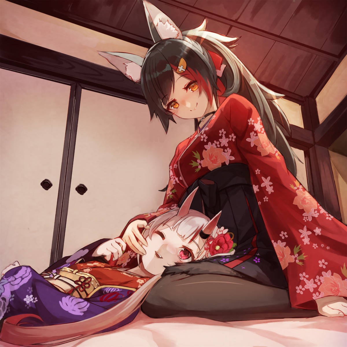 animal_ears hololive hololive_gamers horns japanese_clothes nakiri_ayame ookami_mio sue_(bg-bros) yuri