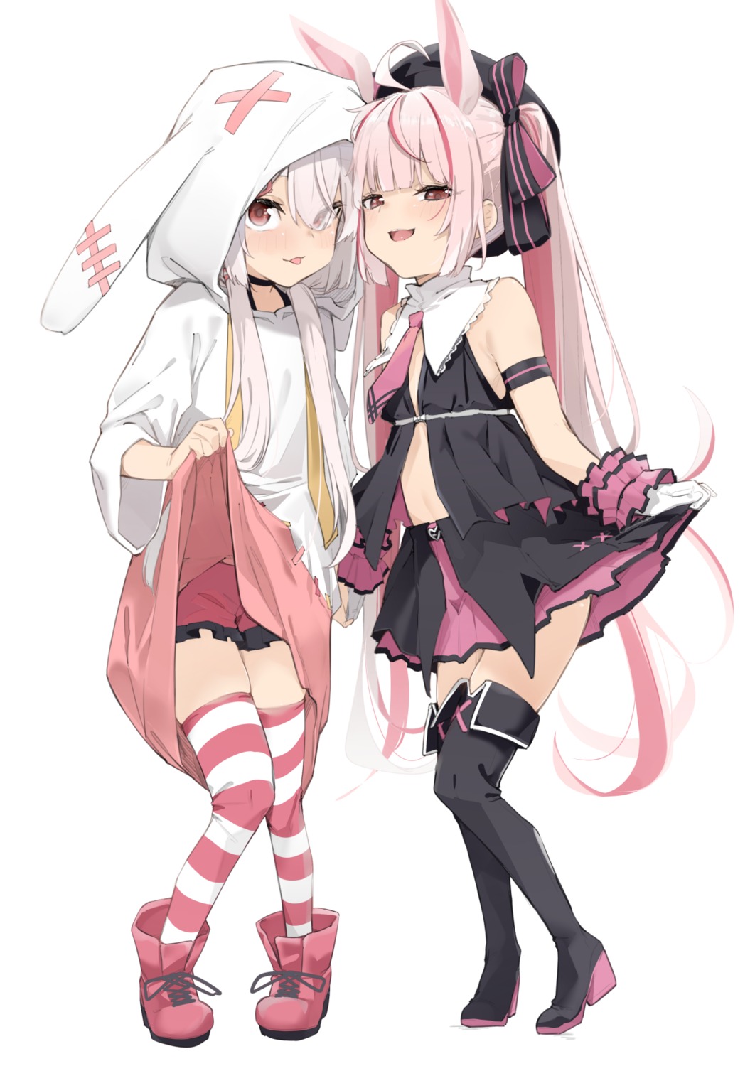 animal_ears bunny_ears heels loli no_bra skirt_lift thighhighs uno_ryoku