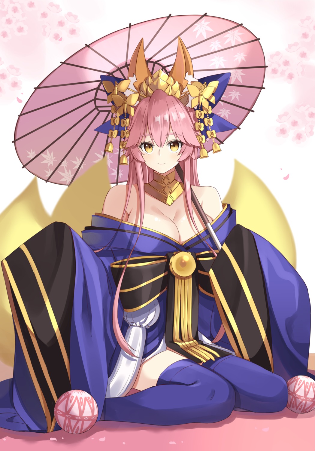 animal_ears cleavage fate/grand_order japanese_clothes no_bra open_shirt tail tamamo_no_mae thighhighs umbrella yuzu-aki