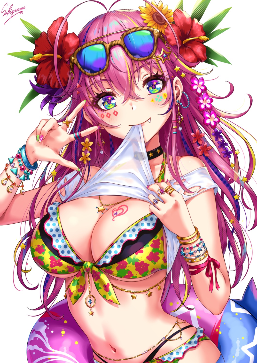 bikini cleavage megane sakiyamama see_through shirt_lift swimsuits tattoo torn_clothes underboob