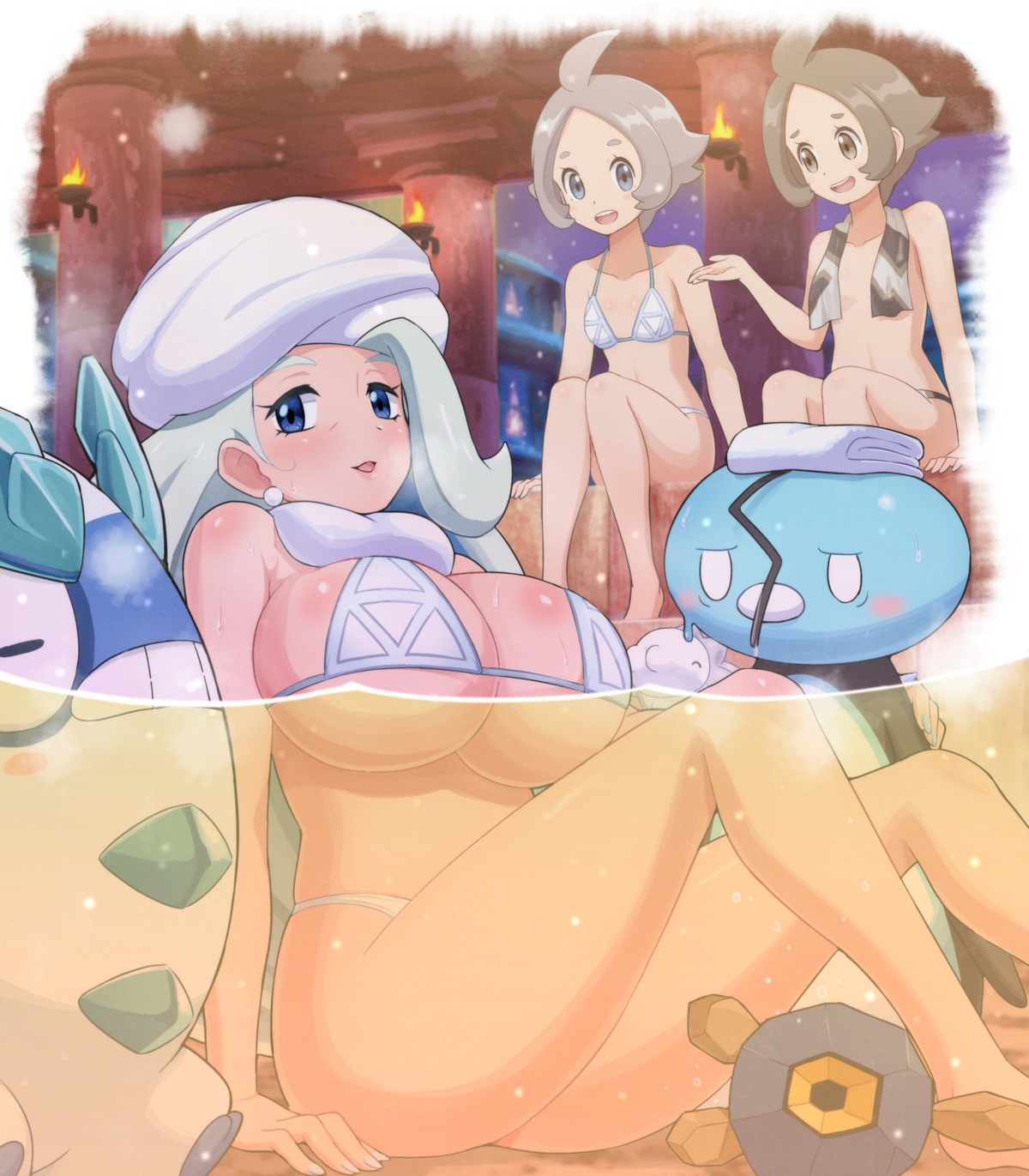 bathing bikini galarian_darumaka melon_(pokemon) onsen pokemoa pokemon roggenrola snom swimsuits thong topless wet
