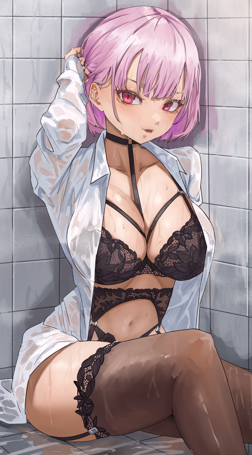 archinoer bra dress_shirt hololive hololive_english lingerie megane mori_calliope open_shirt see_through stockings thighhighs wet_clothes