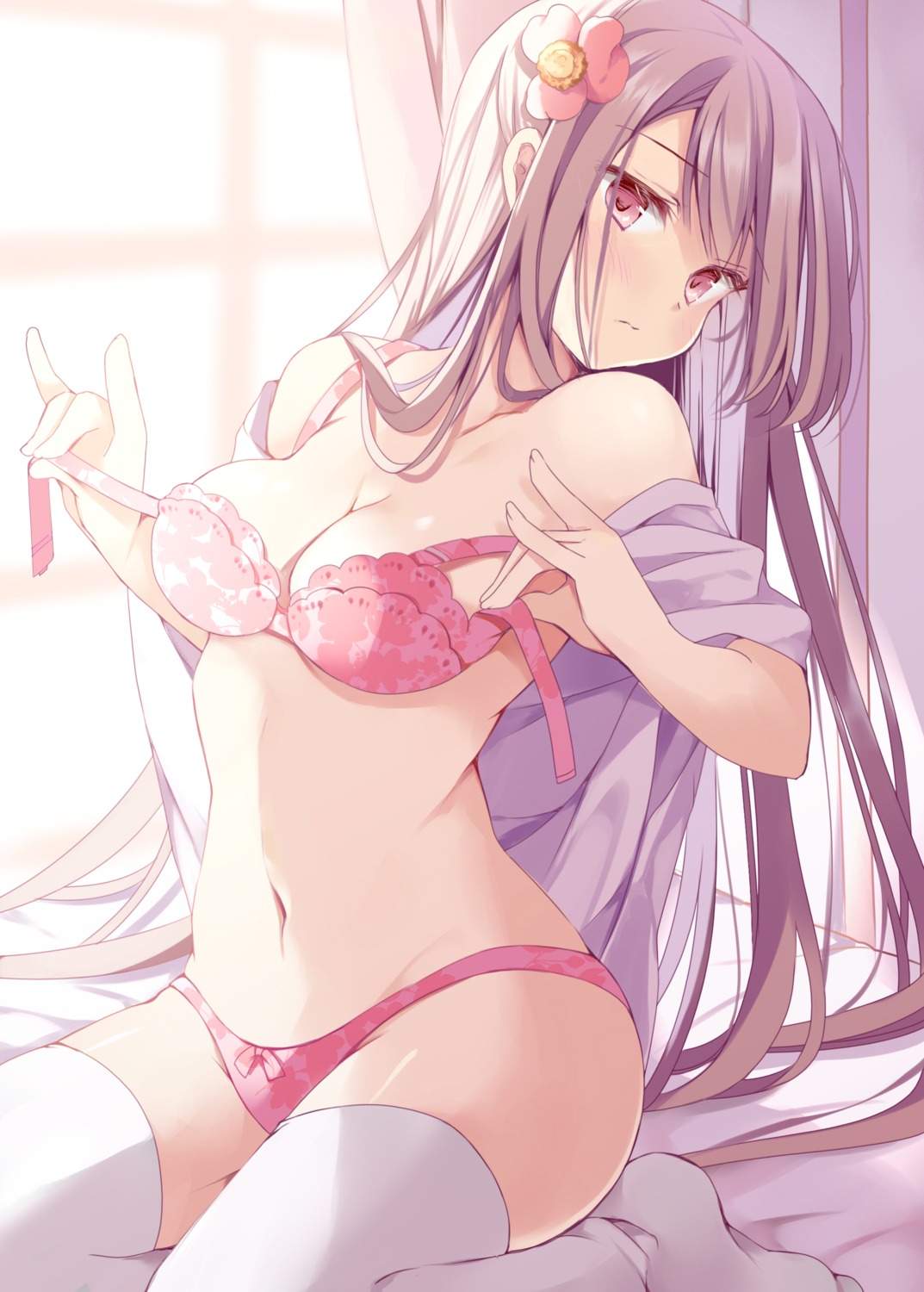 bra dress_shirt hoshino_koucha open_shirt pantsu thighhighs undressing