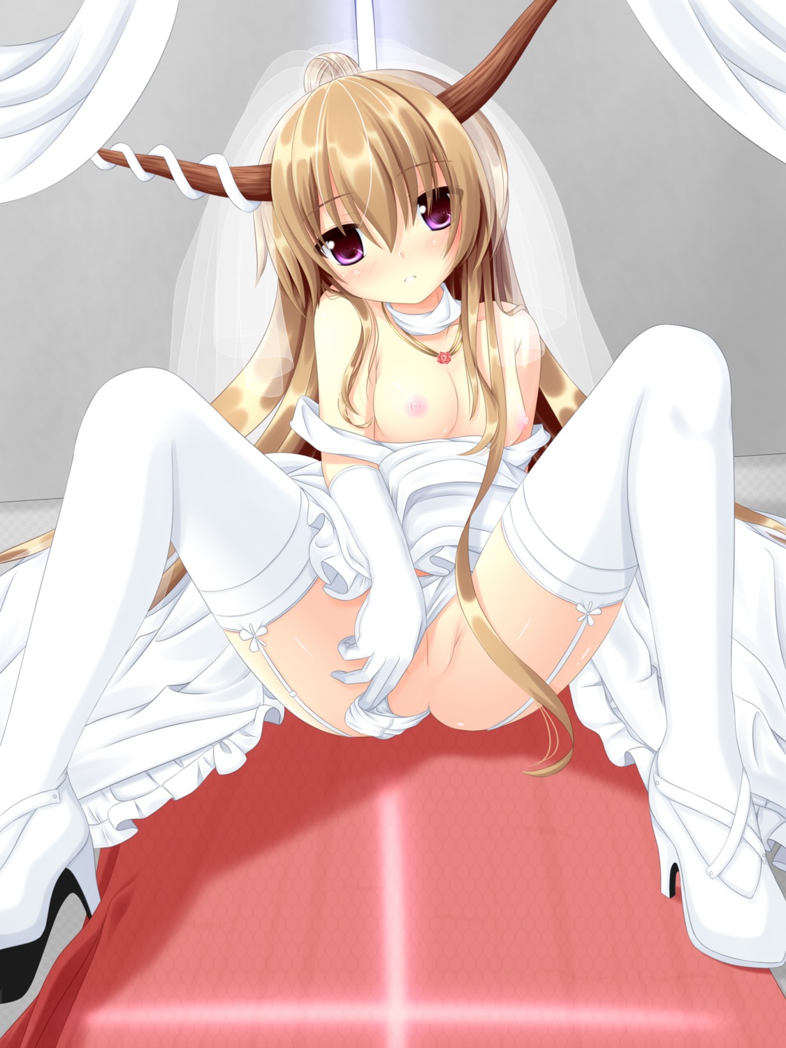 breasts dress horns ibuki_suika masiroke nipples panty_pull pussy stockings thighhighs touhou uncensored wedding_dress