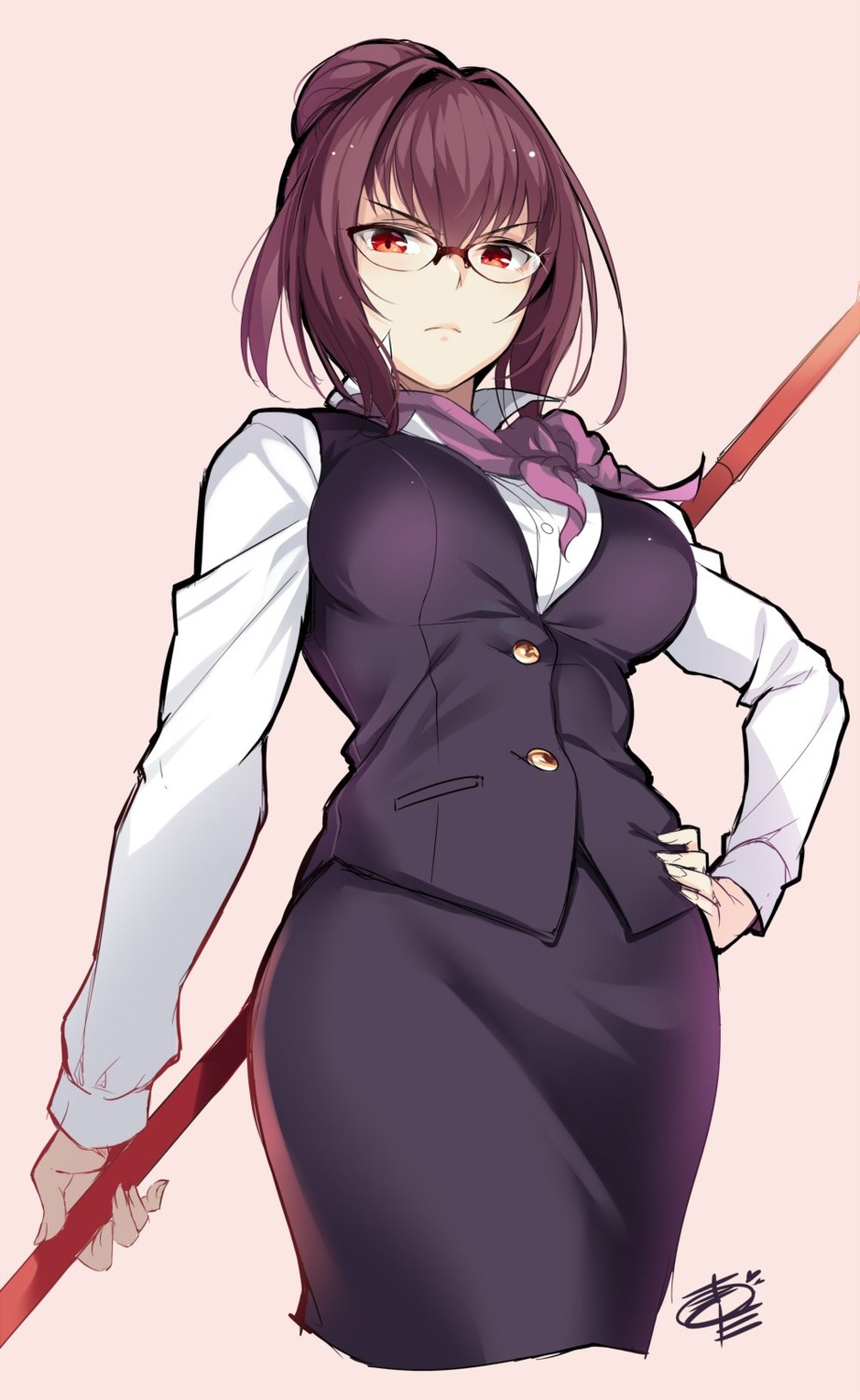 business_suit fate/grand_order megane okitakung scathach_(fate/grand_order) weapon