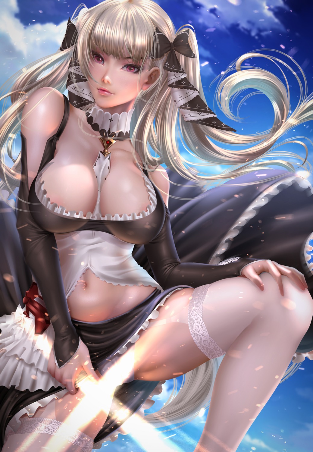 areola azur_lane bearwitch formidable_(azur_lane) gothic_lolita lolita_fashion no_bra pantsu skirt_lift stockings thighhighs