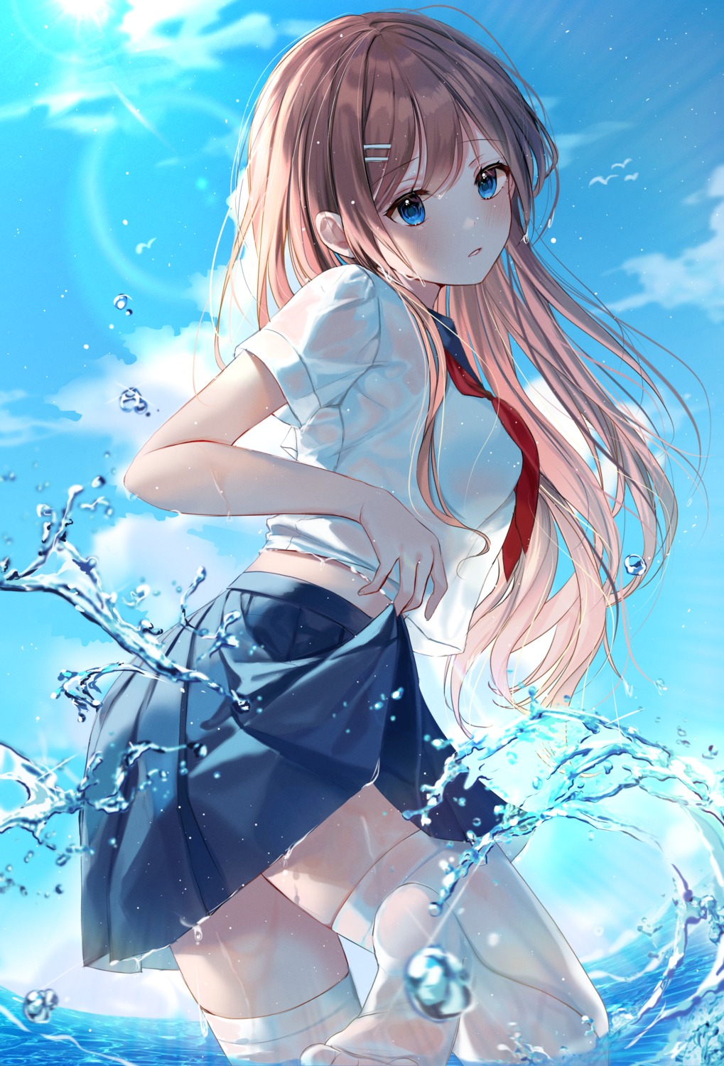 myowa see_through seifuku skirt_lift thighhighs wet wet_clothes