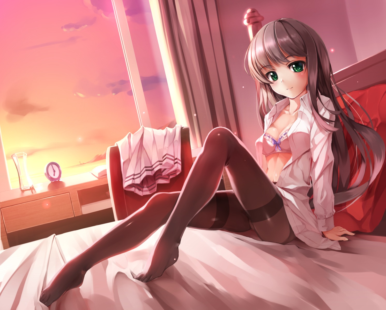 bra cleavage dress_shirt feet open_shirt pantyhose sheets yumemi_(kiowa)