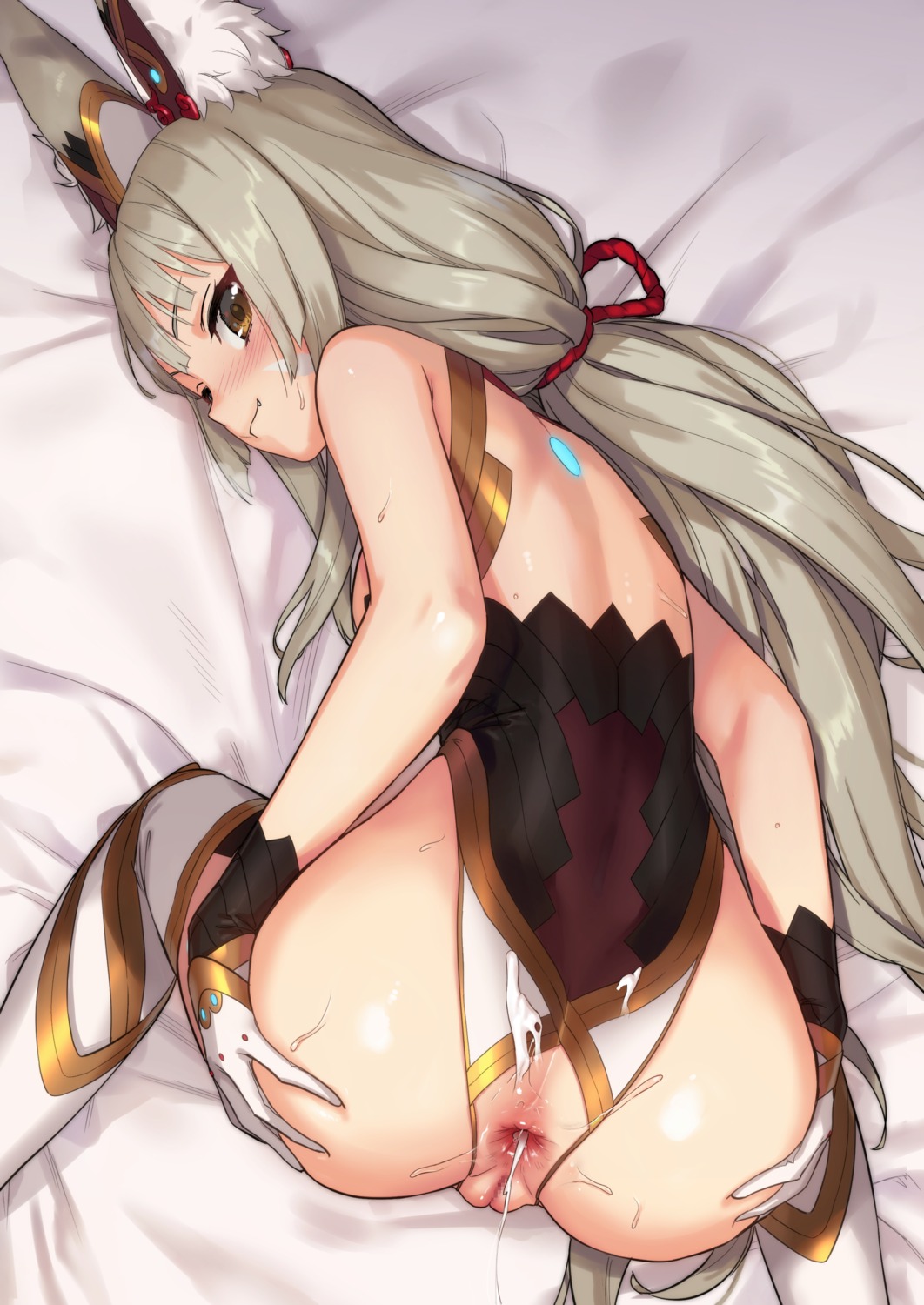 animal_ears anus ass ass_grab censored cum kawakami_rokkaku leotard loli niyah niyah_(blade) no_bra nopan pussy thighhighs xenoblade_(series) xenoblade_2