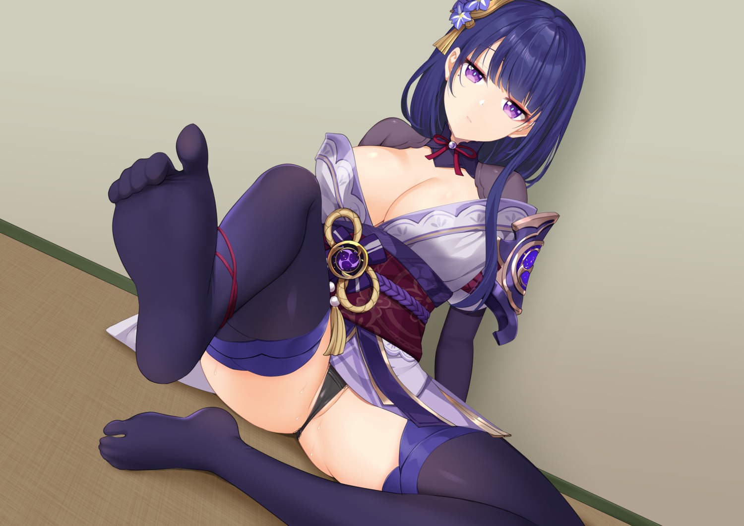 armor feet genshin_impact japanese_clothes m.vv no_bra open_shirt pantsu raiden_shogun skirt_lift thighhighs thong