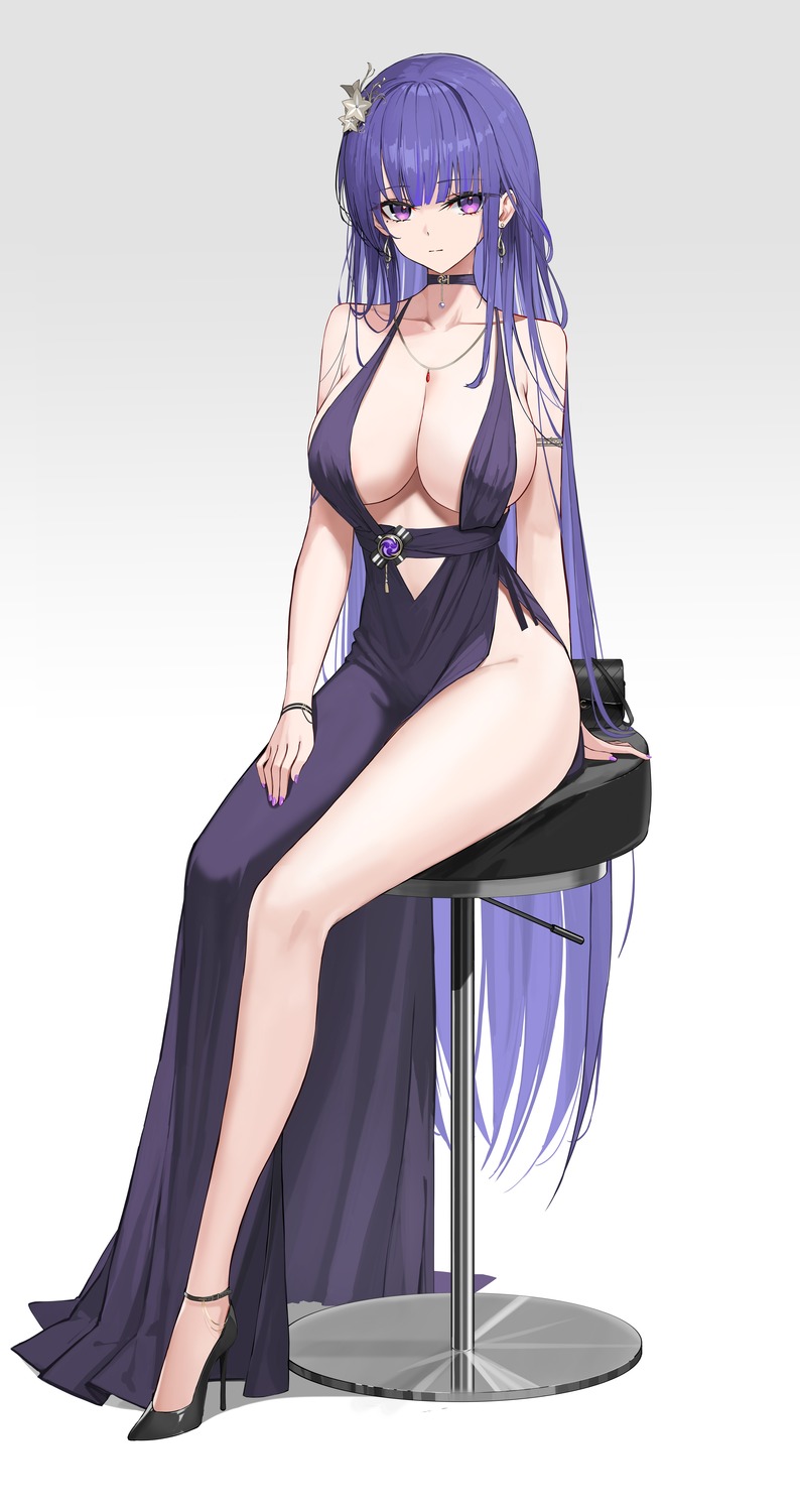 dress genshin_impact heels no_bra nopan raiden_shogun rikui_(rella2930)