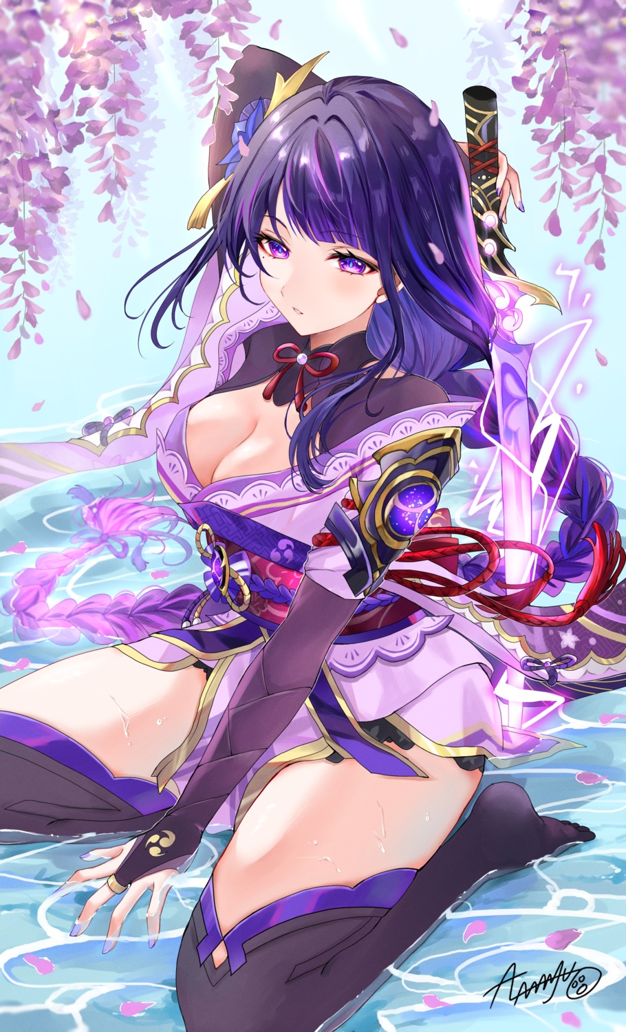 genshin_impact japanese_clothes no_bra raiden_shogun sword thighhighs user_rznh3777 wet