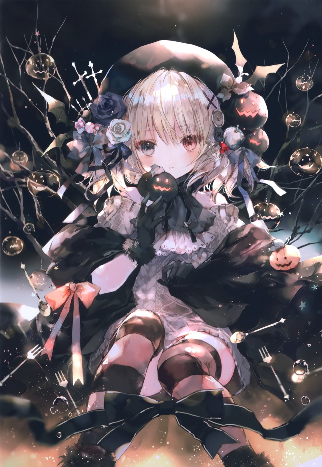 dress halloween heterochromia onineko skirt_lift sweater thighhighs