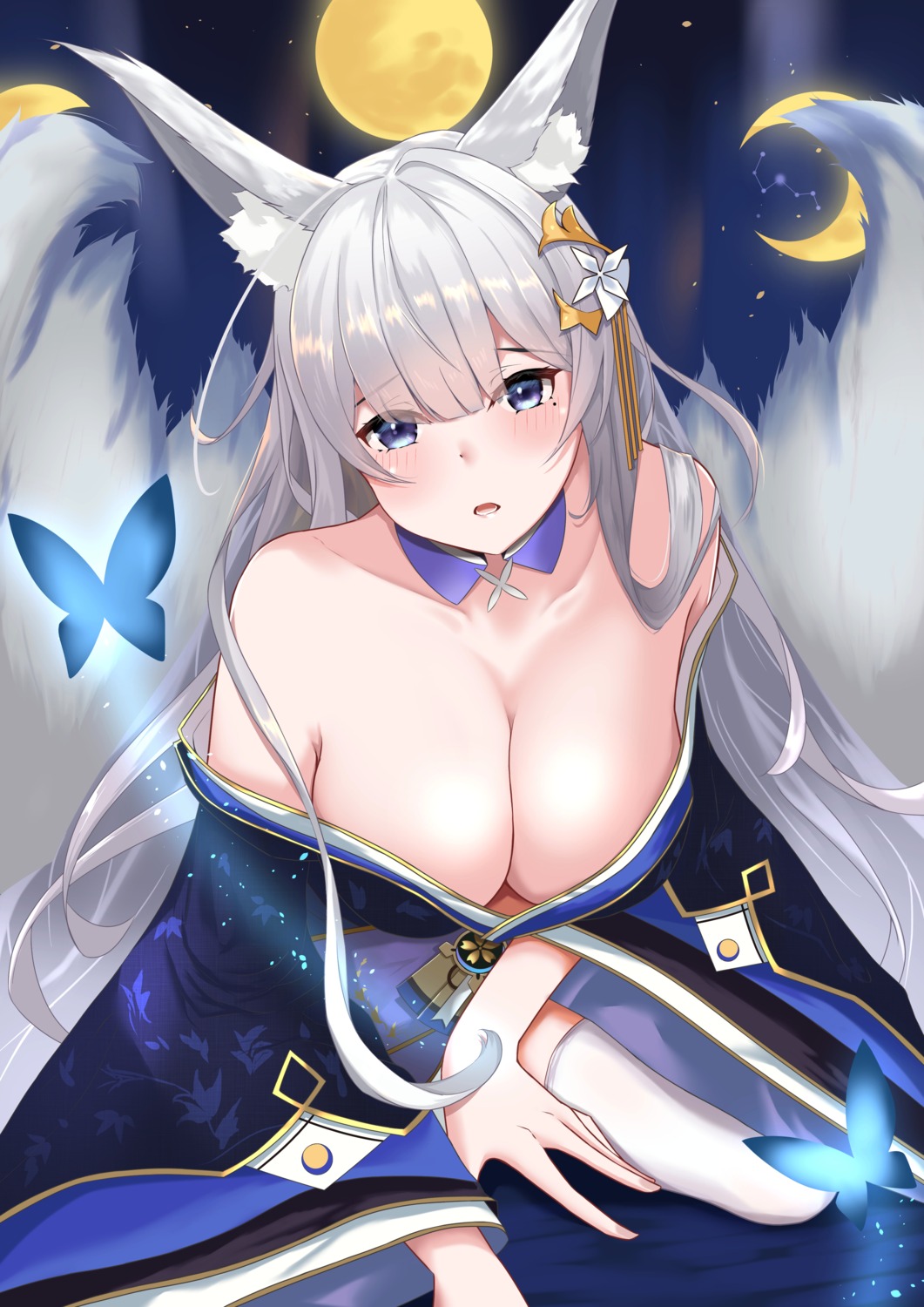 animal_ears azur_lane hakusiki_894 japanese_clothes kitsune no_bra open_shirt shinano_(azur_lane) tail thighhighs