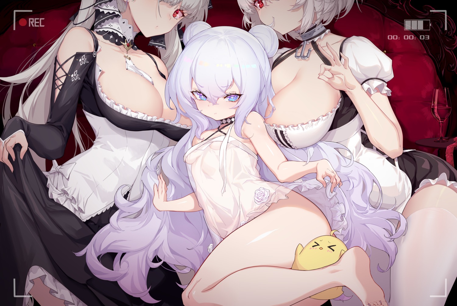 azur_lane formidable_(azur_lane) le_malin_(azur_lane) maid manjuu_(azur_lane) no_bra see_through shanyao_jiang_tororo sirius_(azur_lane) skirt_lift stockings thighhighs